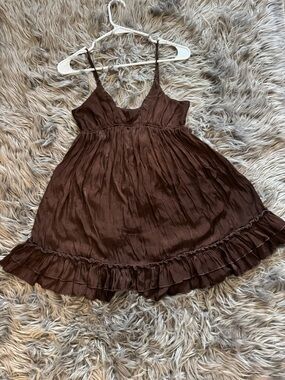 Free People Copper Brown Ruffle-Hem Spaghetti Strap Mini Dress